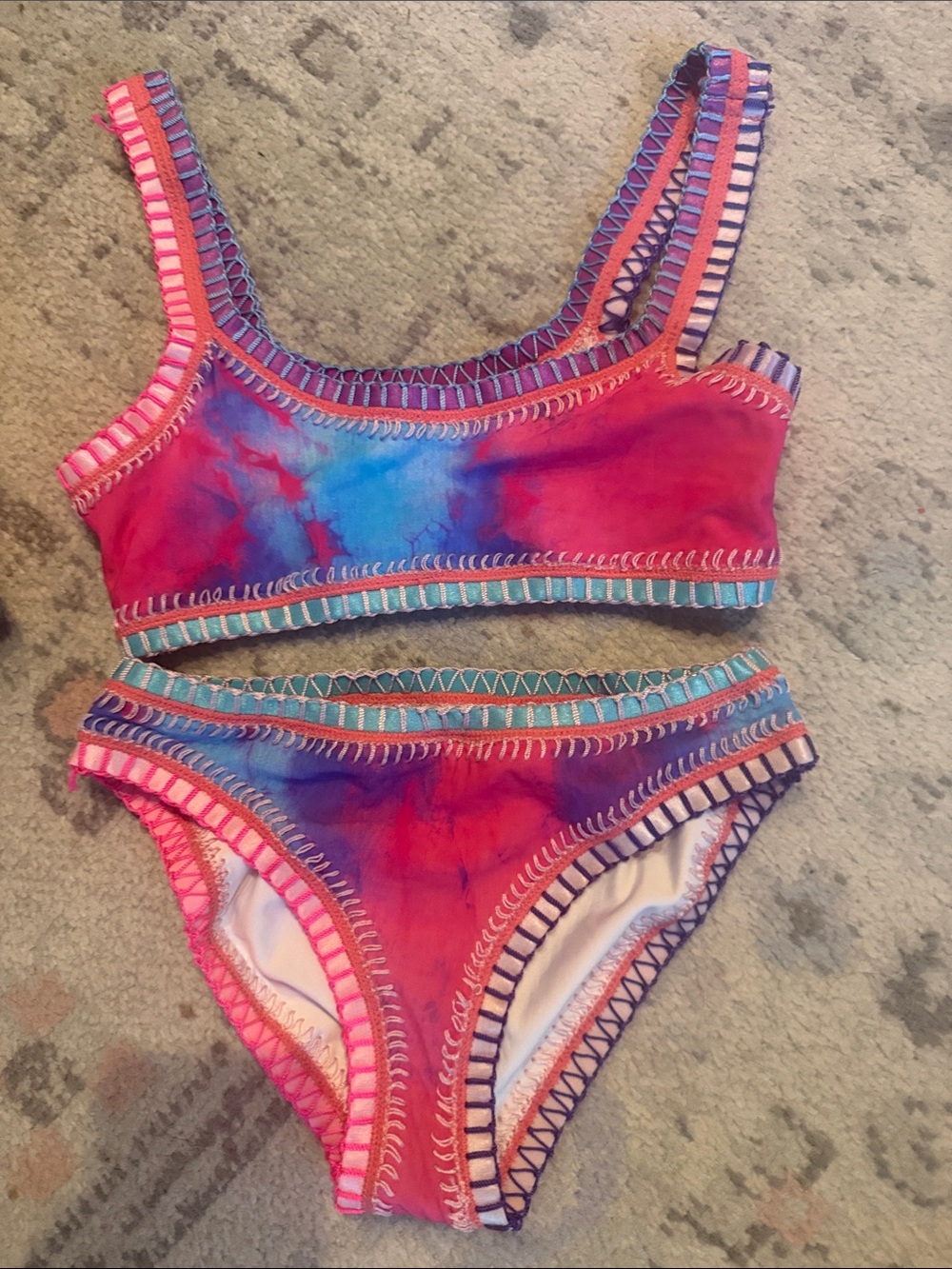Platinum swimwear Tie-Dye Crochet-Trim Bikini Set in Pink & Blue size kids 12